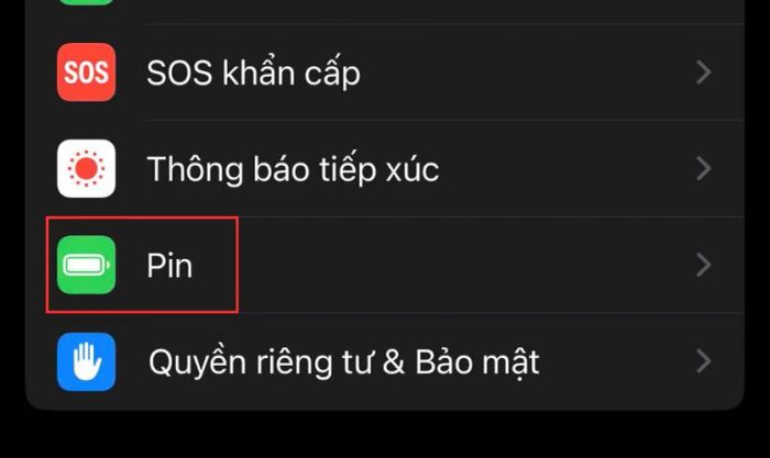 Truy cập vào Cài đặt của iPhone, chọn mục Pin