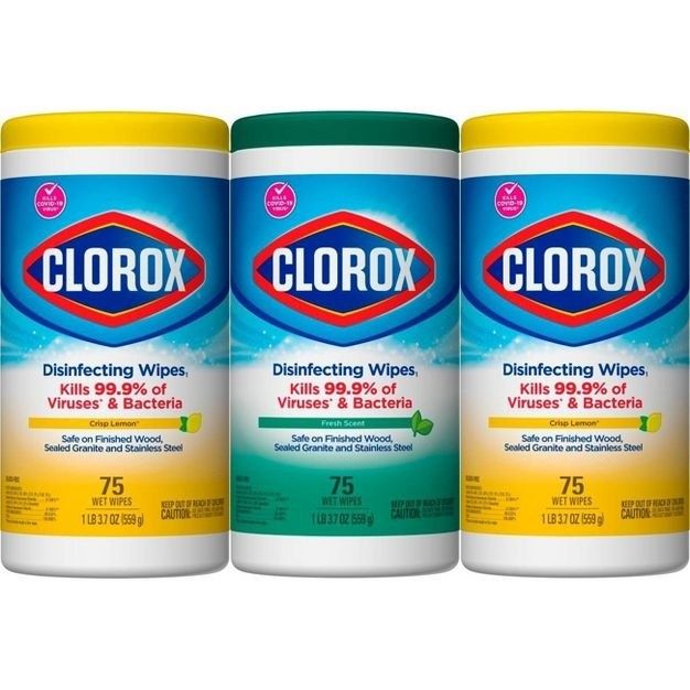 Set of 3 Clorox wipes.