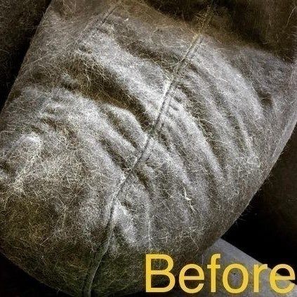 A reviewer’s ‘before’ image: a brown-grey couch cushion covered in white pet hair.