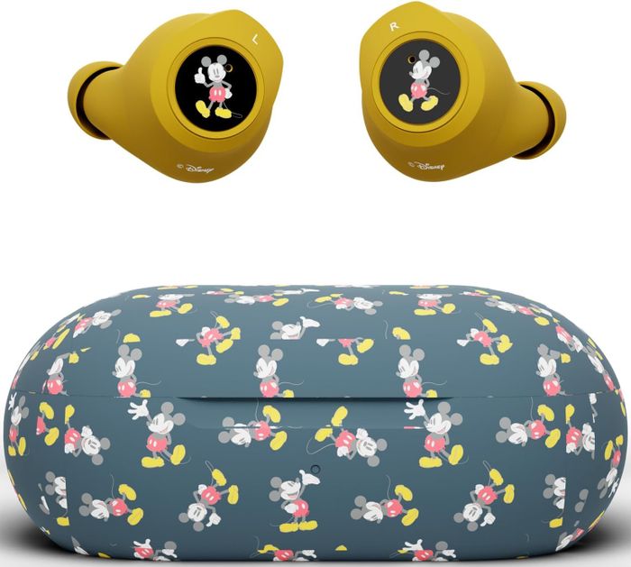 a Mickey-themed earbud case with gold earbuds, each featuring Mickey’s iconic design