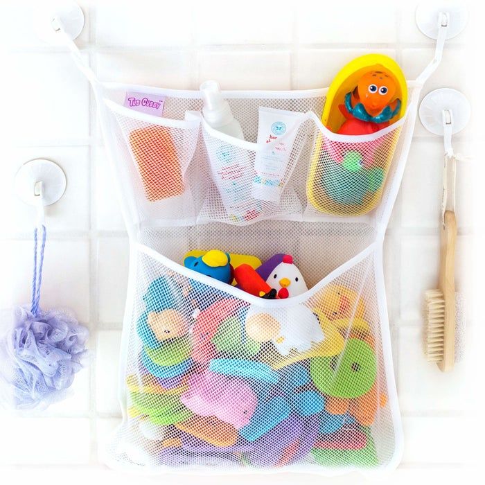 a mesh net with several pockets for organizing bath toys