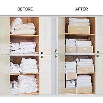 A transformation showing linens in a messy state followed by a neat and tidy arrangement.