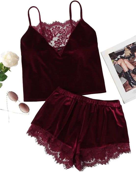 the burgundy velvet tank top paired with lace-trimmed shorts