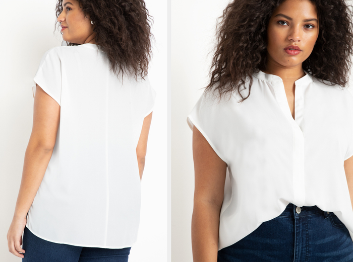 Two photos of a model wearing a white short-sleeve shirt.