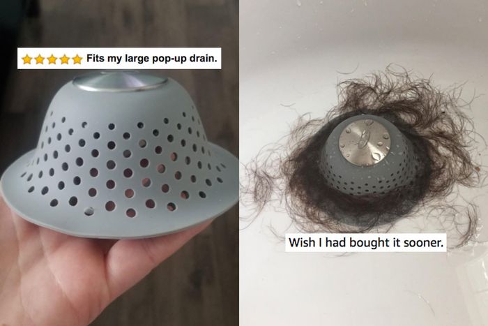 A photo from a reviewer displays the effectiveness of an over-the-drain stopper in collecting hair.