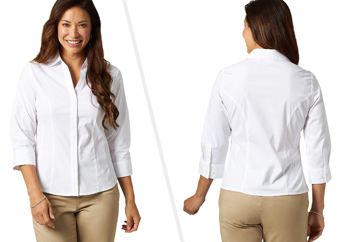 Two images featuring a model wearing the classic white button-up shirt