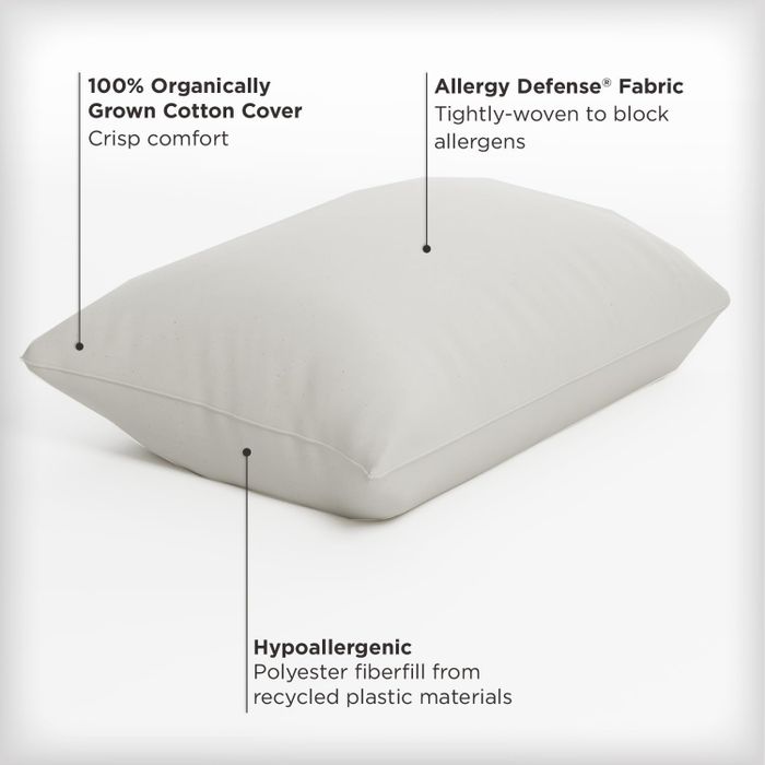 A pillow featuring labels that highlight its 100% organically grown cotton cover, allergy-resistant fabric, and hypoallergenic filling made from recycled polyester fibers
