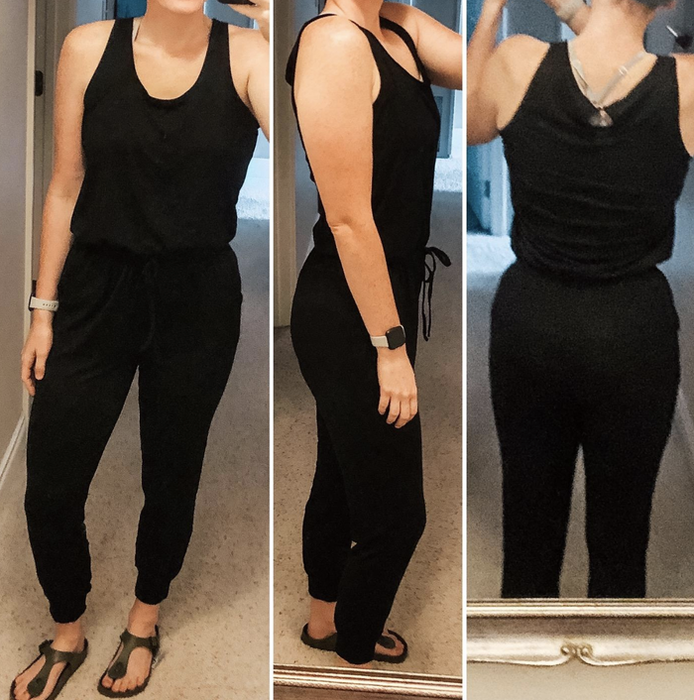 reviewer modeling the black jumpsuit