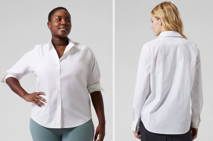 Two photos showcasing models in crisp white button-down shirts.