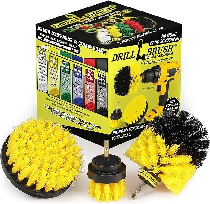 A drill brush cleaning kit with three yellow and black brush attachments, each designed for different cleaning tasks, with packaging showing various types of brushes.