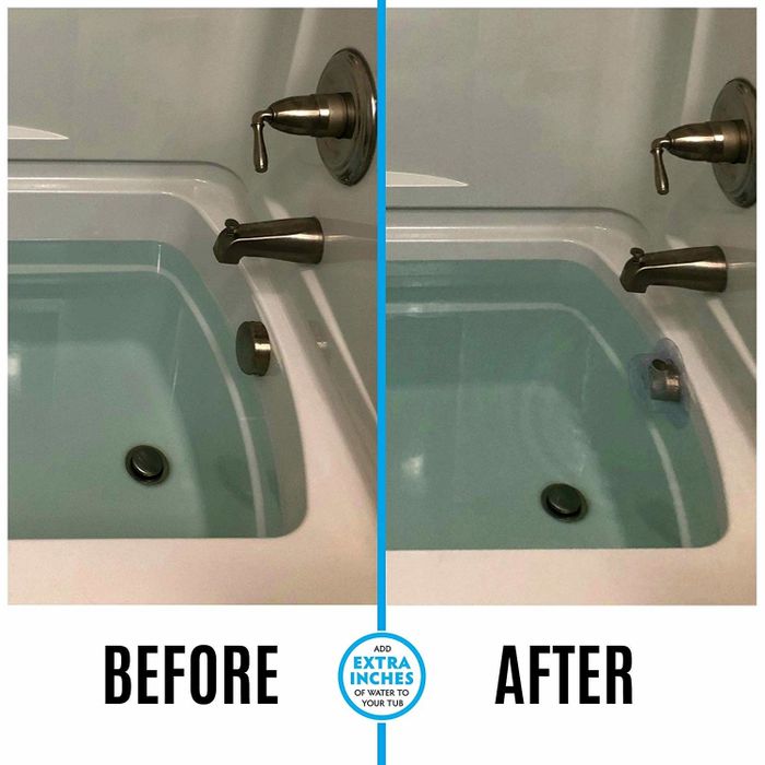Before-and-after image demonstrating the higher water level in the tub after installing the drain cover.