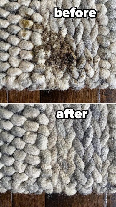 A before-and-after image showing a puppy's accident on a woven wool rug, with the stain completely vanished in the after photo.