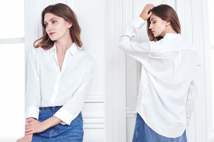 Two pictures showcasing a model dressed in a white button-down shirt.