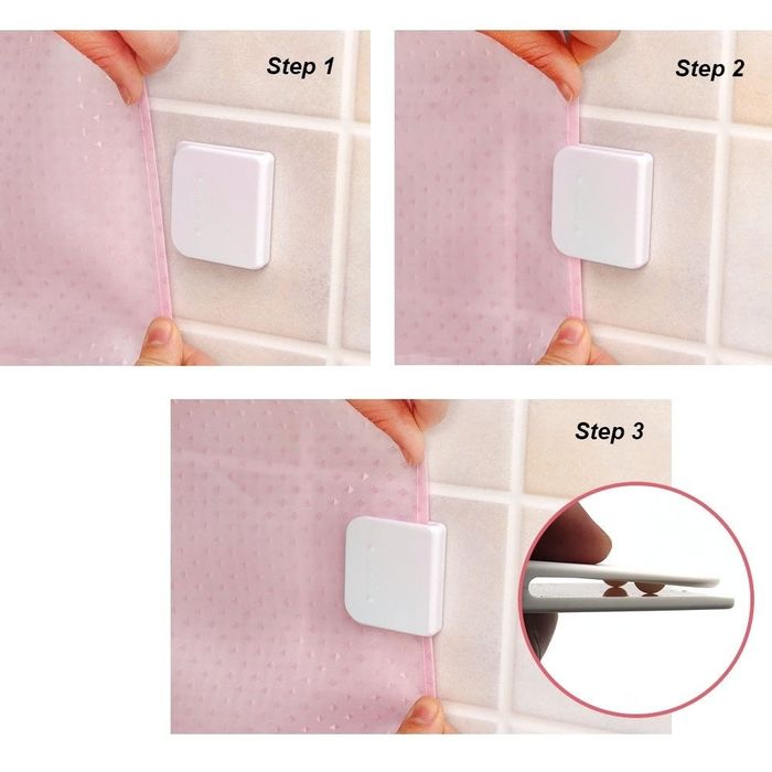 A model demonstrating how to attach a shower curtain to a clip mounted on the shower wall.