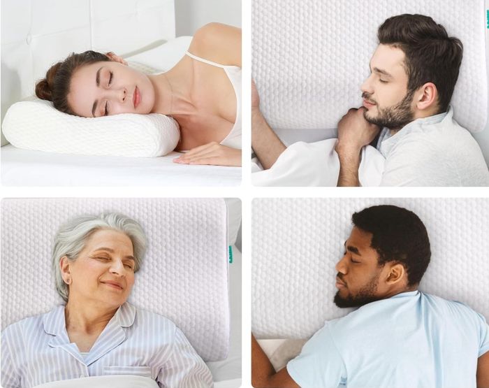 Four individuals using adjustable-height pillows. The accompanying text states: "Incorrect pillow height can lead to neck pain and sleeplessness! The UTTU Pillow with Adjustable Height is the perfect solution for everyone."