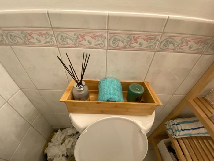 Photo of a tray placed on top of a toilet, as shared by a reviewer.
