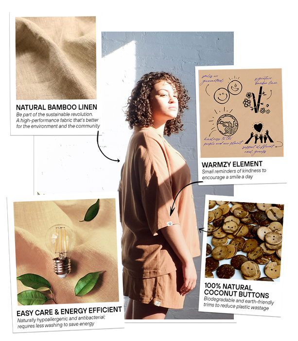 A model wearing the taupe set, highlighting the features of the shorts
