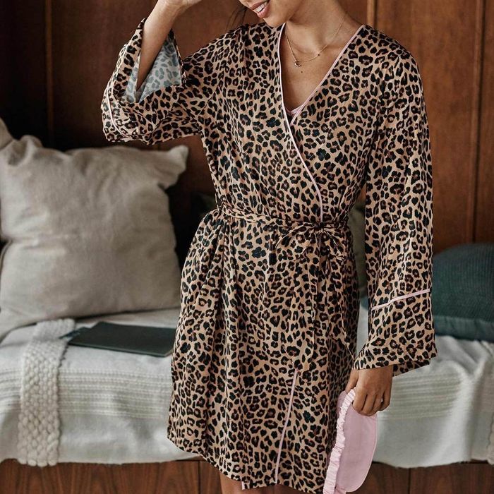 model wearing the leopard print robe