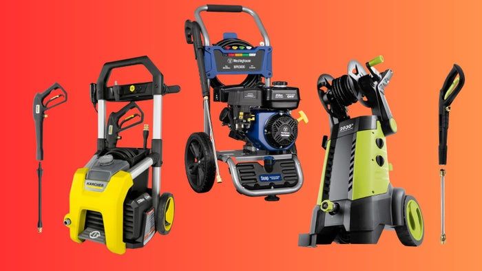 The Kärcher K1700 Max 2125 PSI electric pressure washer, Westinghouse WPX3400 gas-powered pressure washer, and the Sun Joe SPX3001 14.5 amp electric pressure washer.