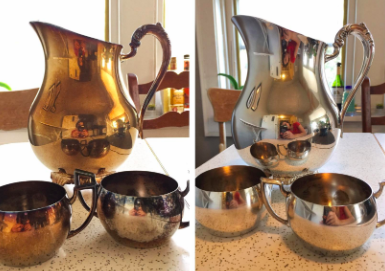 A reviewer's photo shows a heavily tarnished pitcher and cups, followed by the same items restored to a gleaming silver finish after using the wipes.