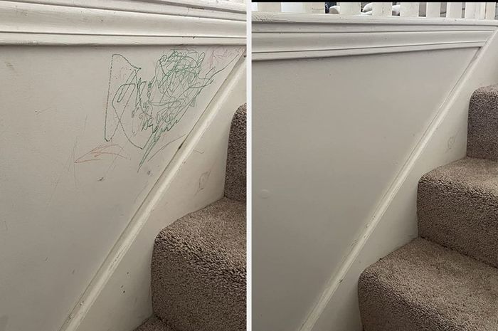 Before and after images of a crayon-stained wall completely cleaned by the spray.