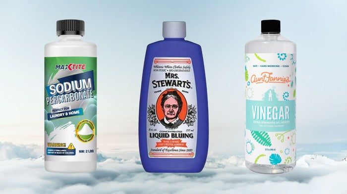 Essential items include sodium percarbonate, bluing agent, and vinegar.