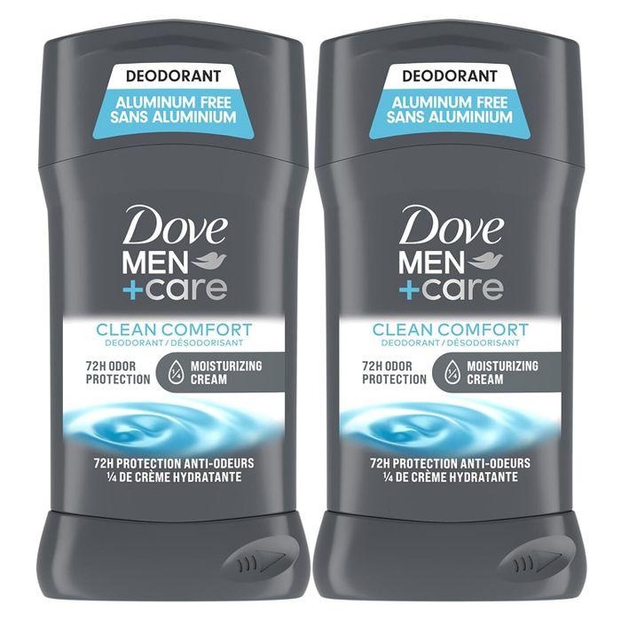 A pair of Dove Men+Care Clean Comfort deodorant sticks, offering aluminum-free, 72-hour odor control and enriched with moisturizing cream