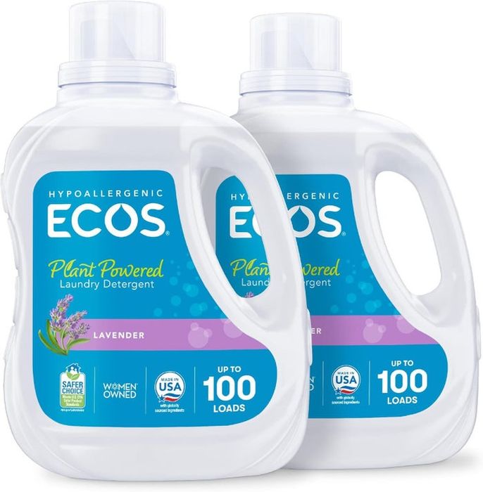 Two containers of ECOS Hypoallergenic Plant Powered Lavender Laundry Detergent, each capable of handling up to 100 wash cycles