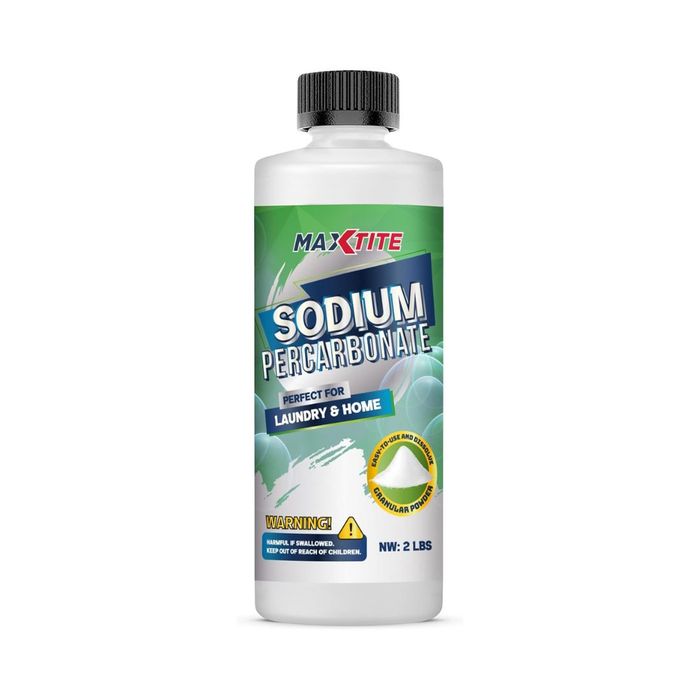 MaxTite Sodium Percarbonate container, designed for laundry and household applications, featuring a child safety warning. Net weight: 2 pounds