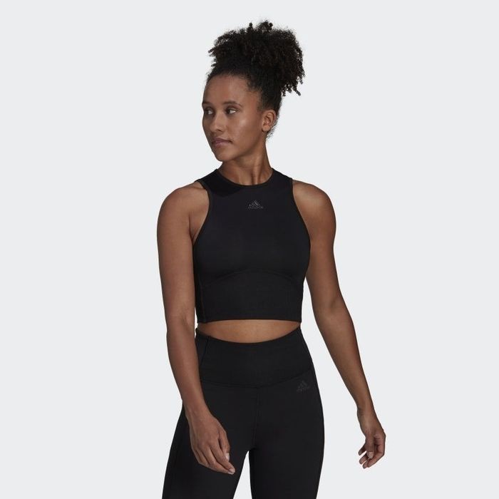 Front view of a model showcasing the black top.