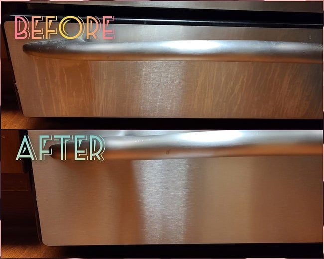 A before-and-after comparison of a stainless steel appliance, showing the appliance stained and then streak-free after cleaning.