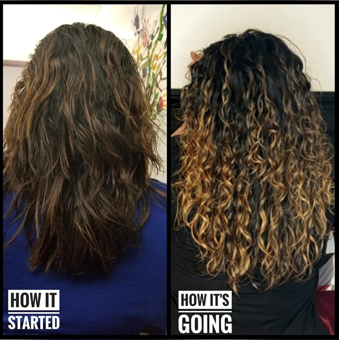 A comparison of a person's wavy hair in two different stages.