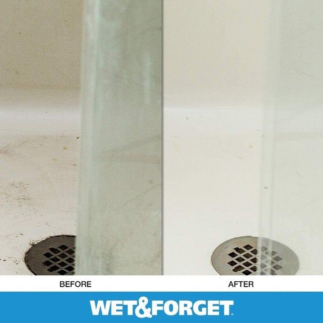 Before: a dirty shower floor; after: sparkling clean shower floor