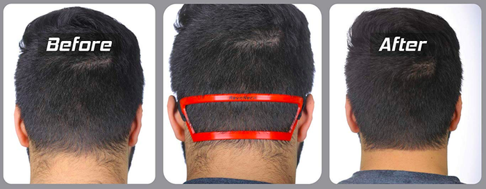 A set of three images showing a messy hairline, the guide secured to the neck, and the neatly shaved line after using the guide