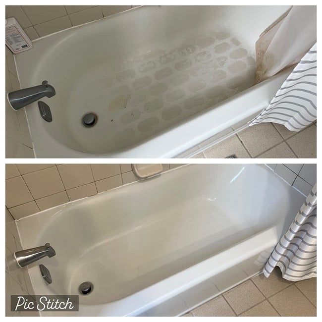 An image from a reviewer showcasing the transformation from a dirty tub to a clean one after using the brush