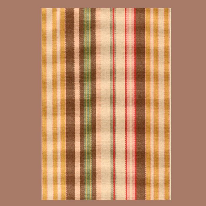 A striped rug featuring yellow, brown, green, red, and cream hues on a beige background