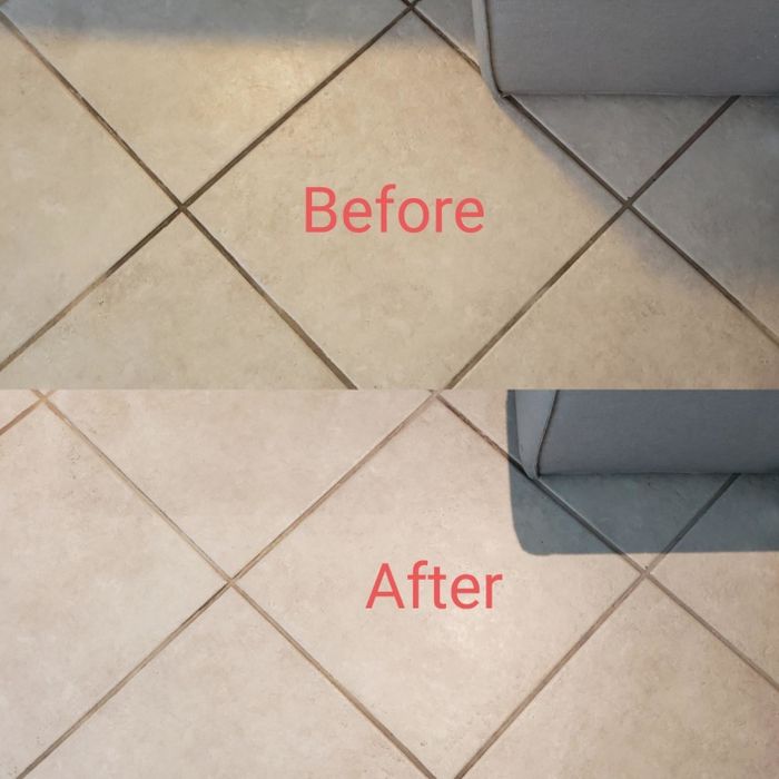A side-by-side comparison of a customer’s tile floor, showing caked dirt in the grout before, and a spotless grout after the cleaning process