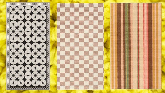 Three rugs showcasing distinct patterns—stars, checkered, and stripes—arranged side by side