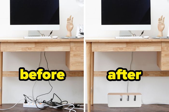 A before-and-after shot showing the chaotic cables behind a desk and their neat organization inside a box