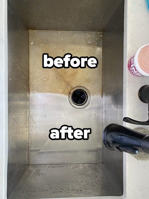 Reviewer’s image of a stainless steel sink, with one side covered in dark stains and the other side sparkling clean