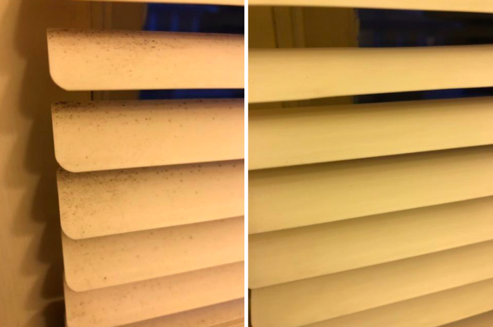 Customer review image showing blinds before and after cleaning