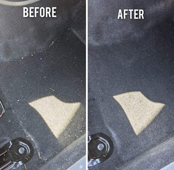A reviewer photo of their dirty car floor on the left, labeled