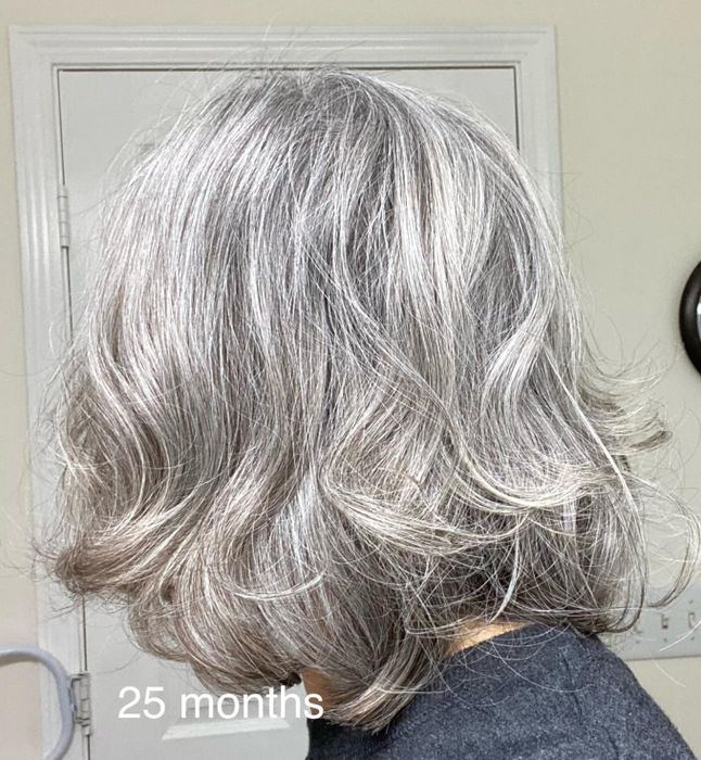 A reviewer with shiny, shoulder-length gray hair shares their thoughts on the product.