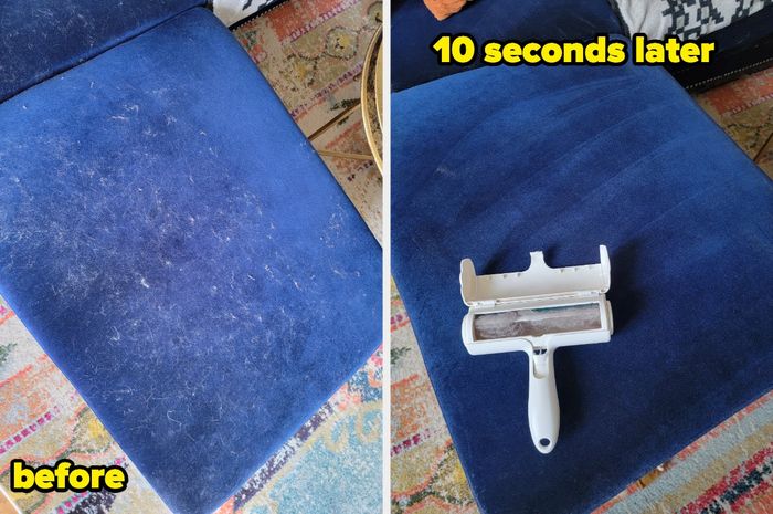 A blue velvet ottoman covered in cat hair, with a follow-up photo showing it clean and hair-free after just 10 seconds of using the ChomChom