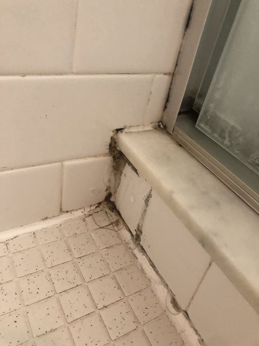 Before image from the reviewer showing moldy sealant in the bathroom