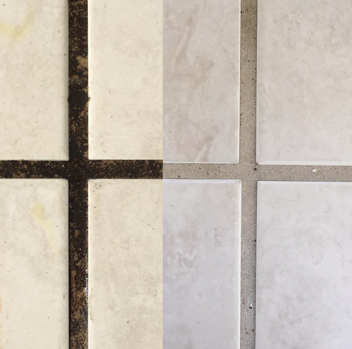 Customer review image showcasing the transformation of grout before and after using the cleaner