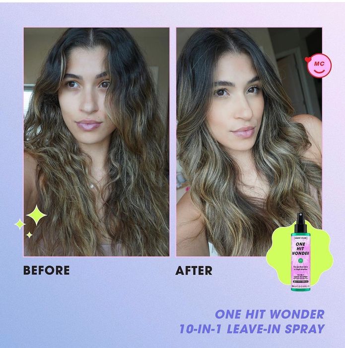 before and after images of a model with frizzy hair transformed into smooth, shiny locks