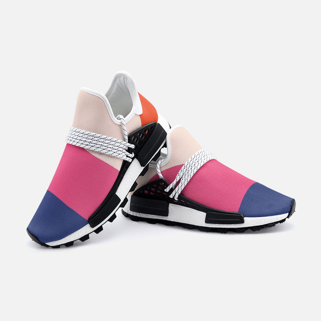 The blue, pink, and light pink stretchy sneakers with laces running across the top