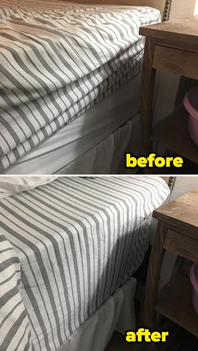 A before-and-after comparison of a reviewer’s bed: the top image shows the sheets riding up, while the bottom image shows the sheets securely fastened thanks to the bed suspenders