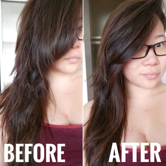 before: the reviewer's hair appearing slightly frizzy; after: the hair looking smooth and radiant